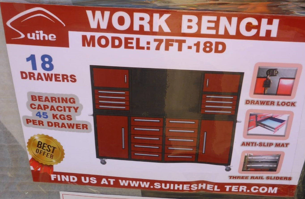 Établi de 2,13 m (7 pi) à 18 tiroirs avec armoires à outils – Construction robuste en acier