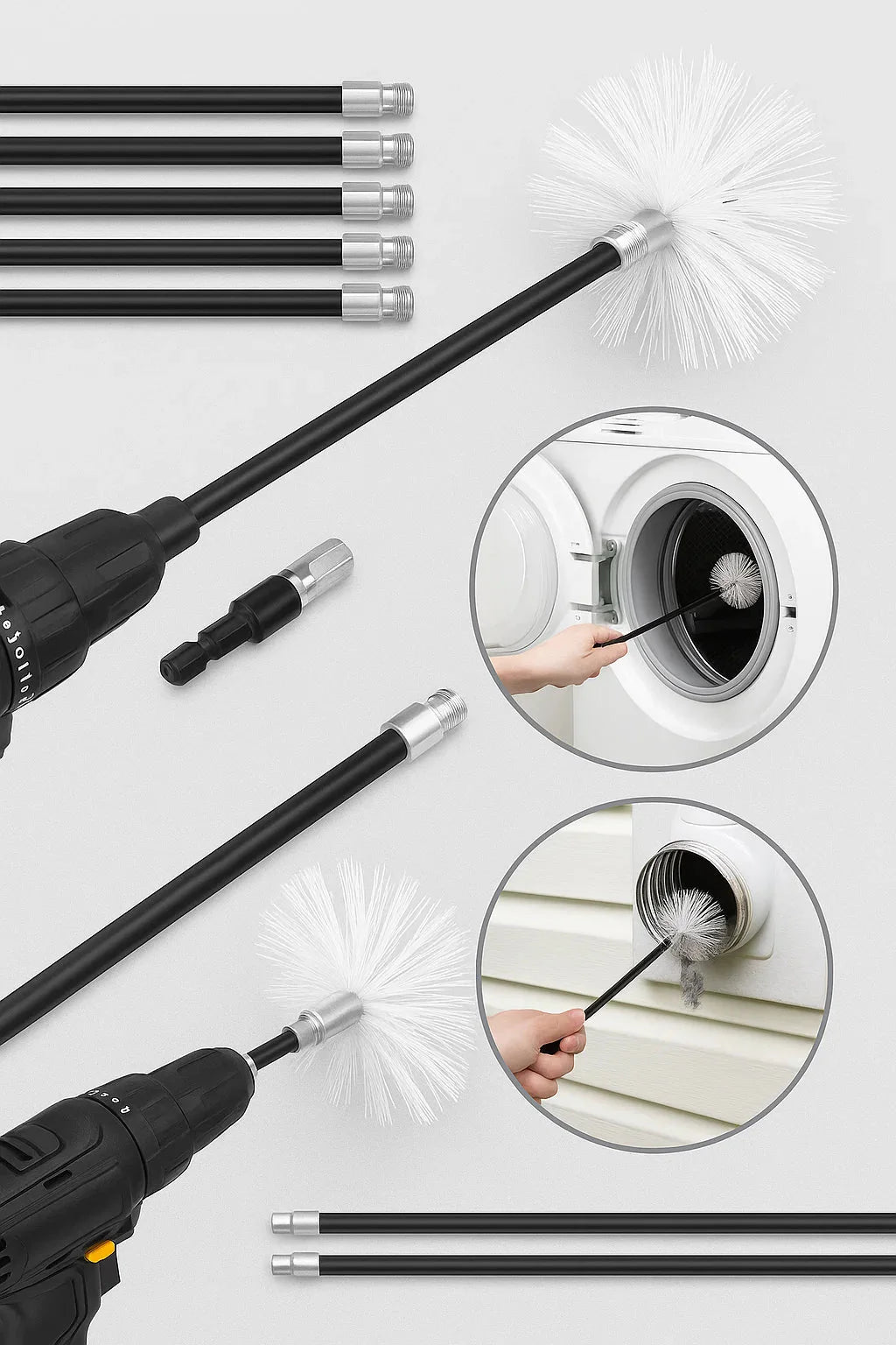 Kit de nettoyage pour conduit de sécheuse de 3,65 m (12 pi) – Brosse flexible pour peluches avec adaptateur pour perceuse | Modèle C18414