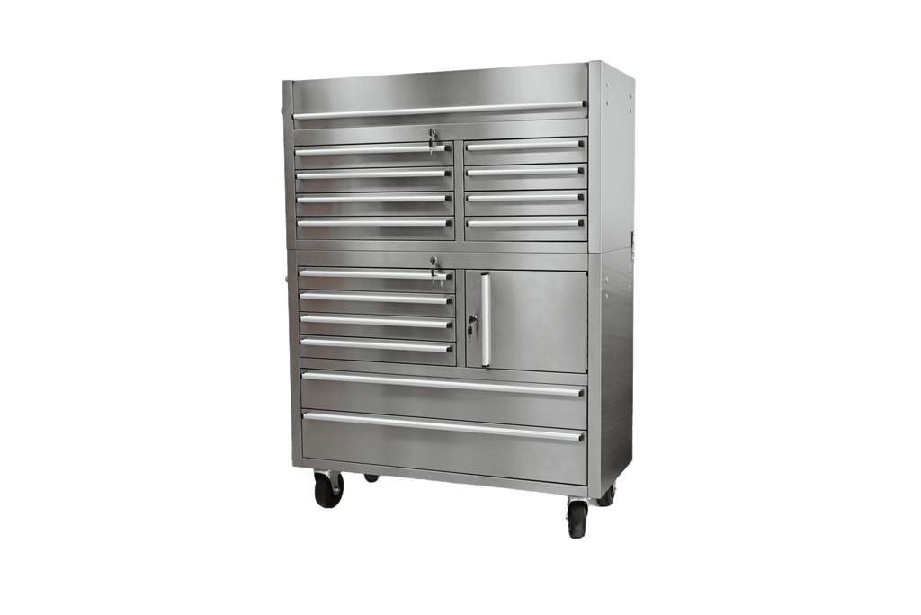 Établi à outils en acier inoxydable de 41 pouces (104 cm) avec 14 tiroirs et roulettes verrouillables de 5 pouces (12,7 cm) – TB4118S