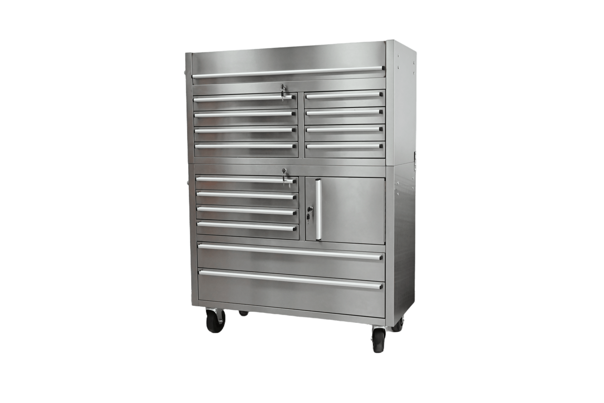 Établi à outils en acier inoxydable de 41 pouces (104 cm) avec 14 tiroirs et roulettes verrouillables de 5 pouces (12,7 cm) – TB4118S