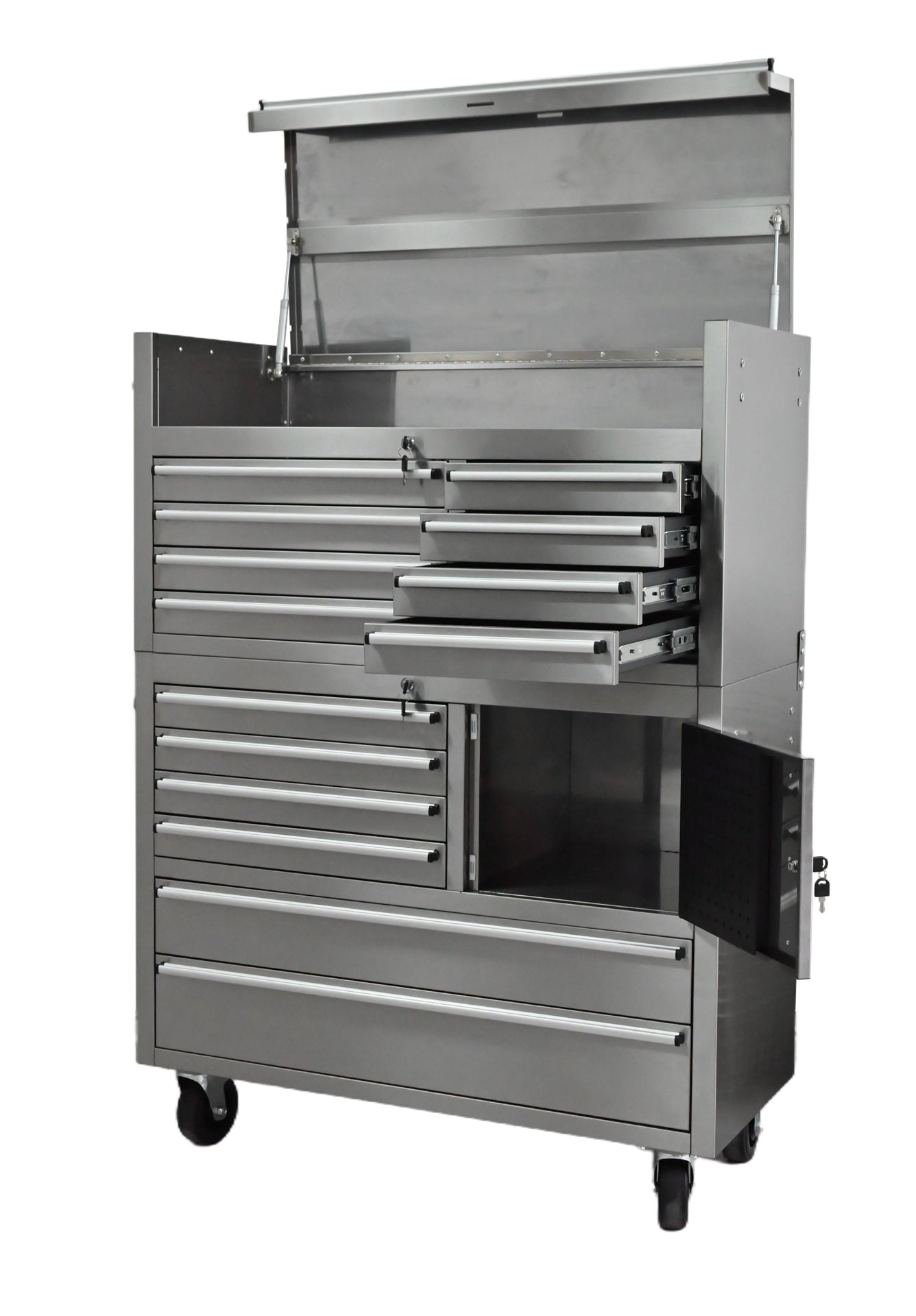Établi à outils en acier inoxydable de 41 pouces (104 cm) avec 14 tiroirs et roulettes verrouillables de 5 pouces (12,7 cm) – TB4118S