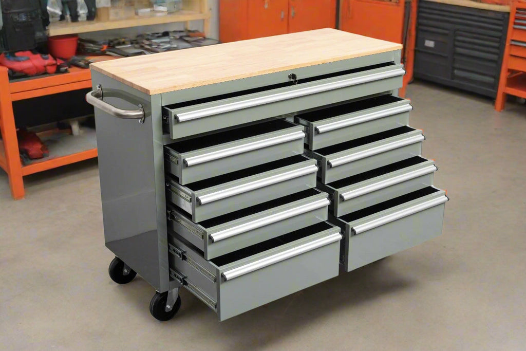 Établi roulant 46 pouces – Armoire de rangement mobile robuste à 9 tiroirs