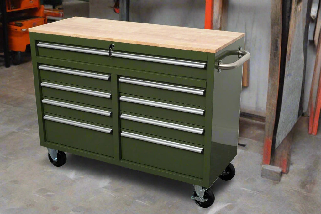 Établi roulant 46 pouces – Armoire de rangement mobile robuste à 9 tiroirs