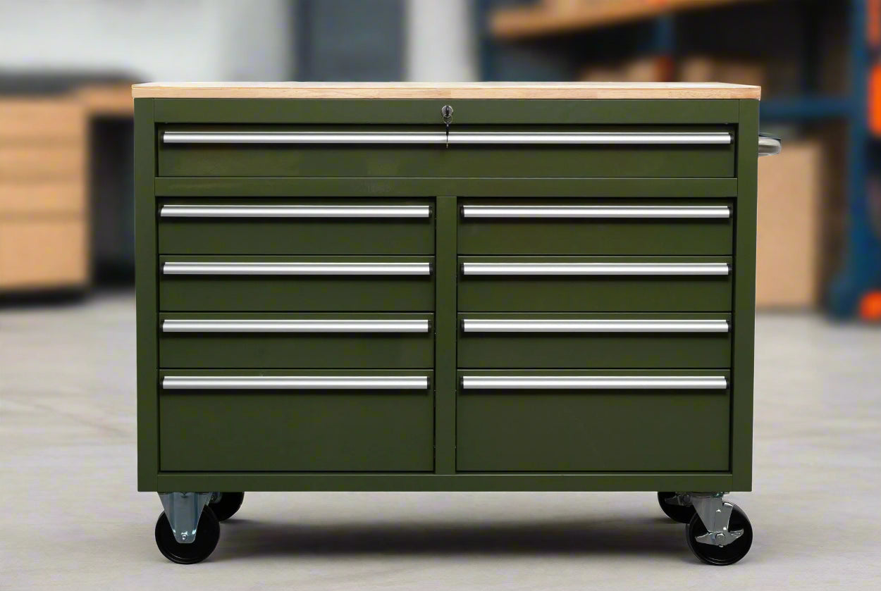 Établi roulant 46 pouces – Armoire de rangement mobile robuste à 9 tiroirs