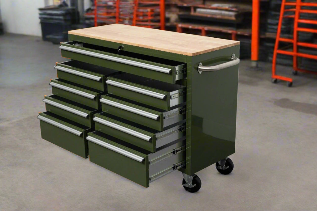 Établi roulant 46 pouces – Armoire de rangement mobile robuste à 9 tiroirs