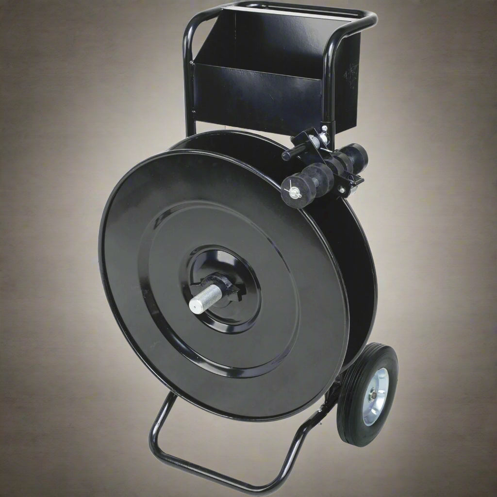 Chariots de cerclage robustes en polyéthylène et acier – Compatibles avec les bobines multi-âmes, plateau intégré