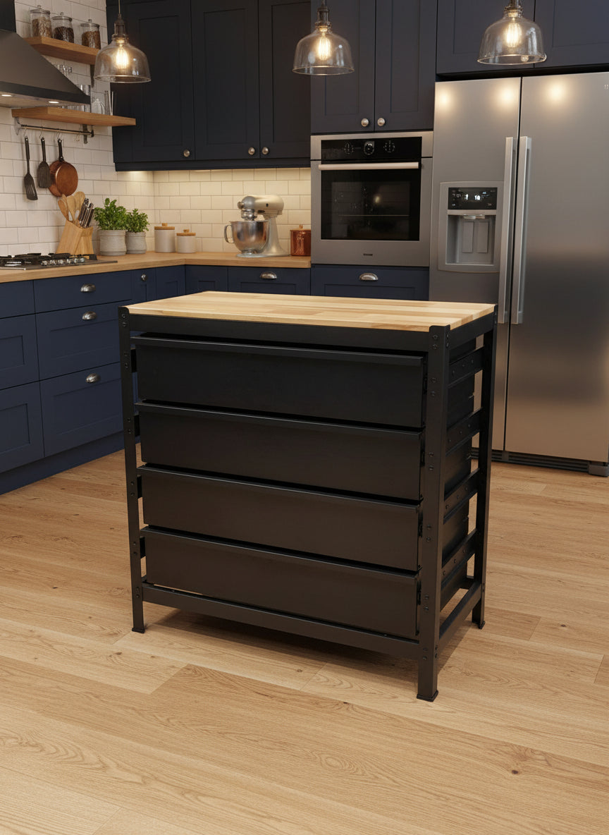 Établi industriel en acier avec plateau en bois dur et 4 tiroirs, 84 cm x 41 cm – Noir 2506152