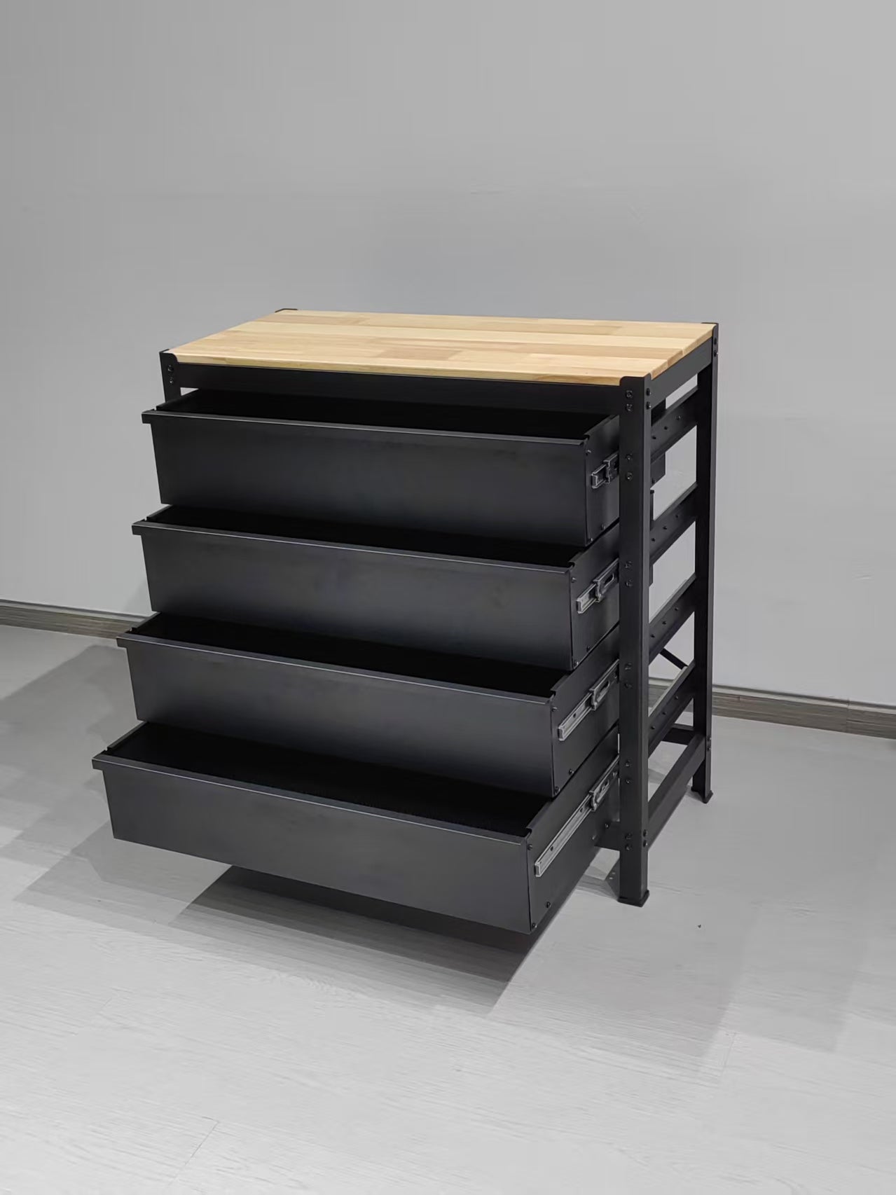 Établi industriel en acier avec plateau en bois dur et 4 tiroirs, 84 cm x 41 cm – Noir 2506152