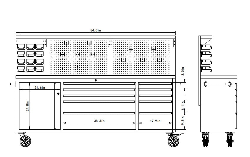 Établi à outils en acier inoxydable 84 pouces – 11 tiroirs, plateau en bois et éclairage LED | 8411D