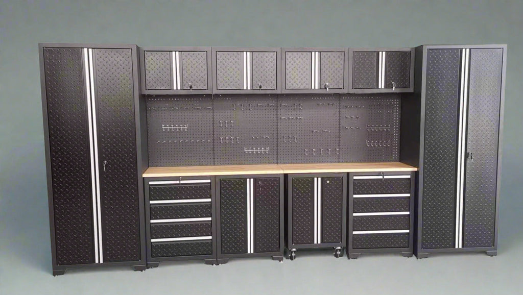 Ensemble d'armoires de garage en tôle larmée de 17 et 13 pièces – Système d'établi et de rangement robuste 