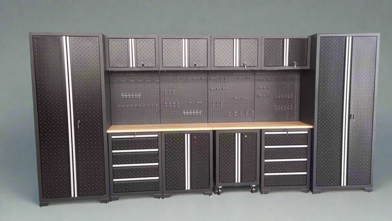 Ensemble d'armoires de garage en tôle larmée de 17 et 13 pièces – Système d'établi et de rangement robuste 