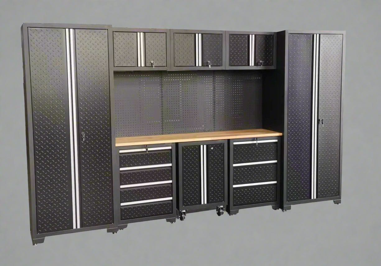 Ensemble d'armoires de garage en tôle larmée de 17 et 13 pièces – Système d'établi et de rangement robuste 