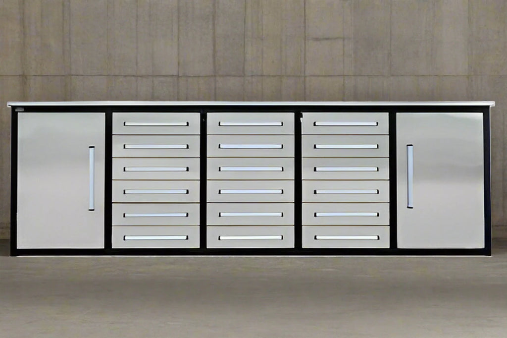 Établi à outils en acier inoxydable de 3 m – Établi robuste à 30 et 18 tiroirs, armoire de rangement, organisateur de garage