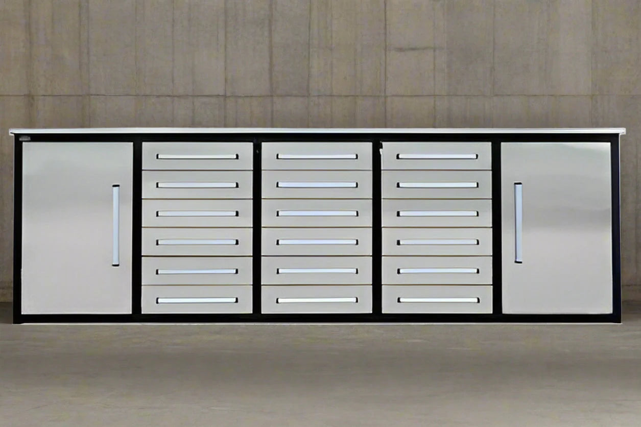 Établi à outils en acier inoxydable de 3 m – Établi robuste à 30 et 18 tiroirs, armoire de rangement, organisateur de garage