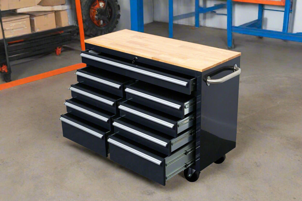 Établi roulant 46 pouces – Armoire de rangement mobile robuste à 9 tiroirs