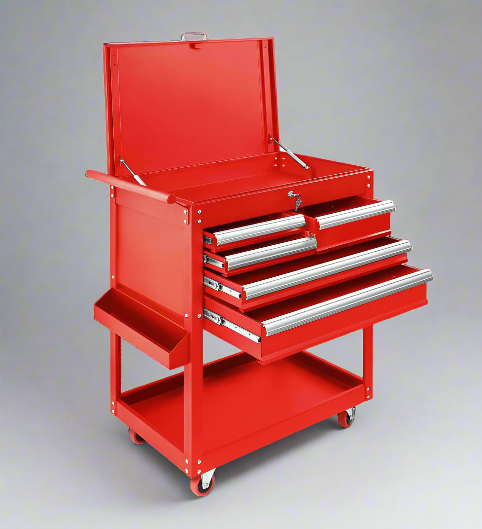 Chariot à outils roulant à 5 tiroirs – Armoire d'atelier rouge et noire avec serrure