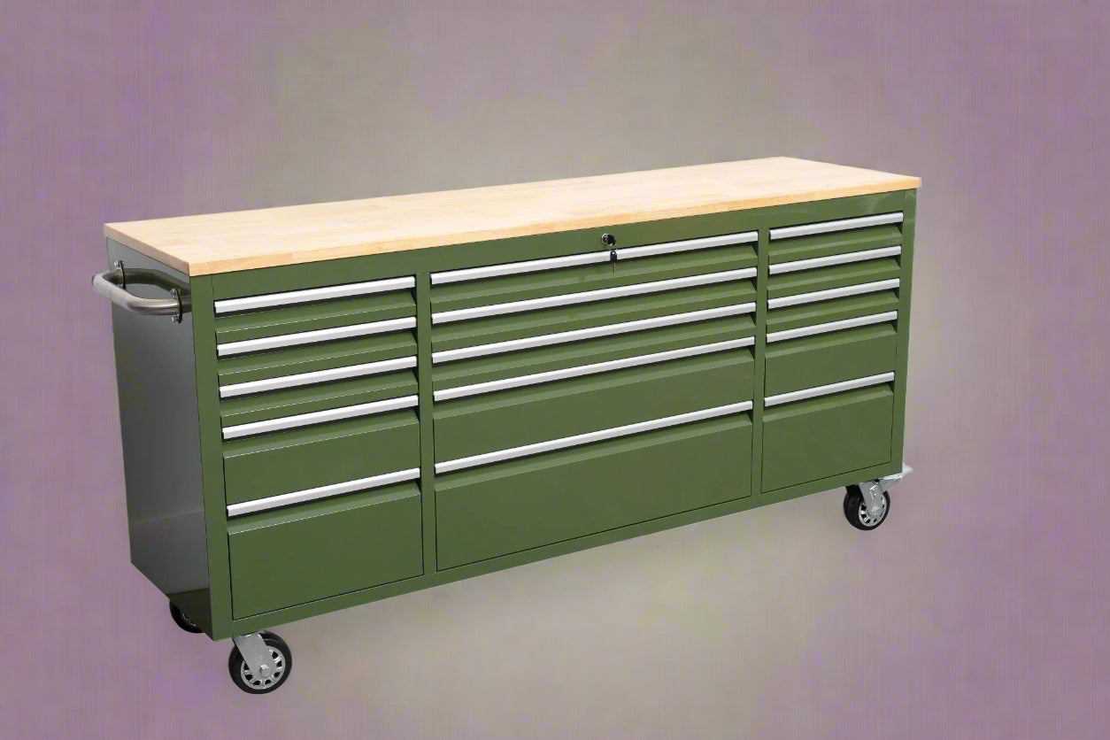 Établi roulant de 1,83 m (6 pi) avec 15 tiroirs, prises de courant et ports USB – Armoire de rangement robuste en acier