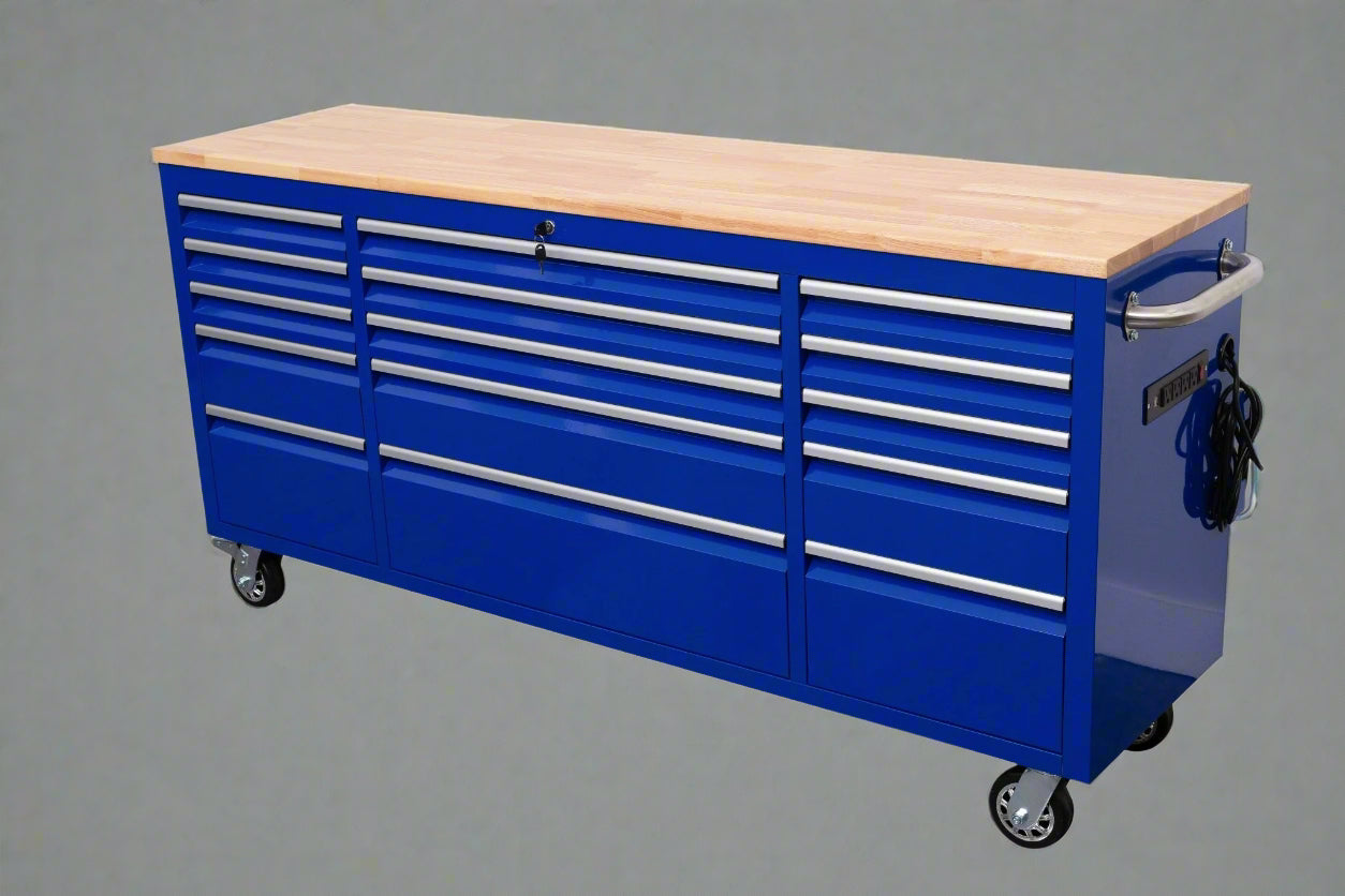 Établi roulant de 1,83 m (6 pi) avec 15 tiroirs, prises de courant et ports USB – Armoire de rangement robuste en acier