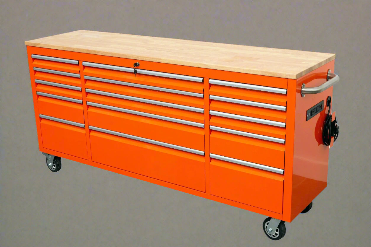 Établi roulant de 1,83 m (6 pi) avec 15 tiroirs, prises de courant et ports USB – Armoire de rangement robuste en acier