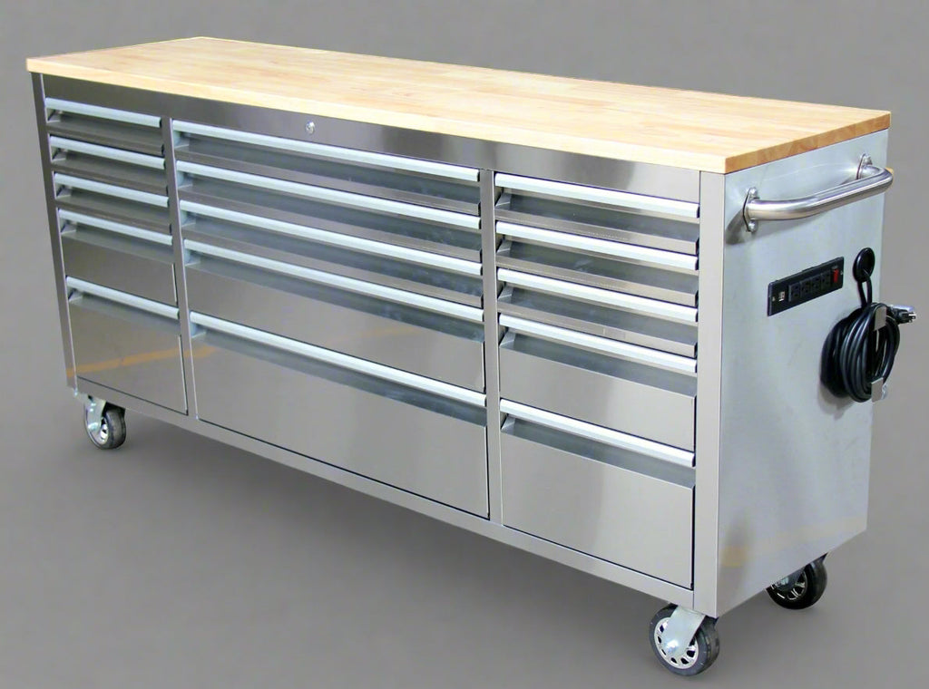 Établi roulant de 1,83 m (6 pi) avec 15 tiroirs, prises de courant et ports USB – Armoire de rangement robuste en acier