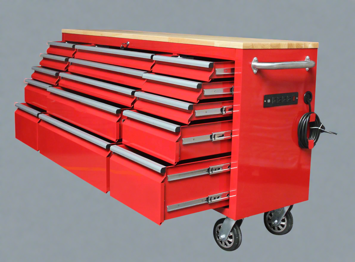 Établi roulant de 1,83 m (6 pi) avec 15 tiroirs, prises de courant et ports USB – Armoire de rangement robuste en acier