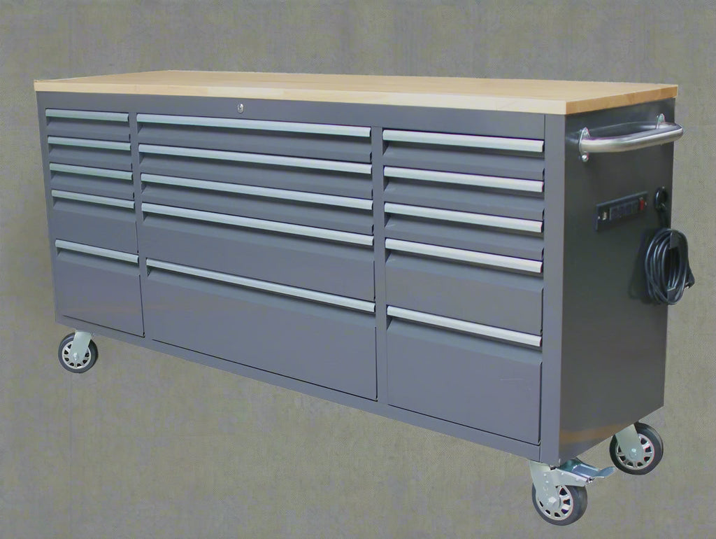 Établi roulant de 1,83 m (6 pi) avec 15 tiroirs, prises de courant et ports USB – Armoire de rangement robuste en acier