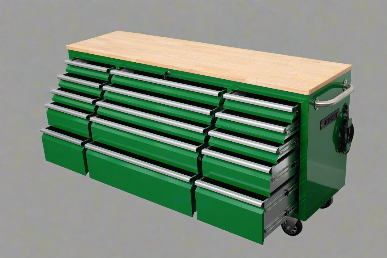 Établi roulant de 1,83 m (6 pi) avec 15 tiroirs, prises de courant et ports USB – Armoire de rangement robuste en acier