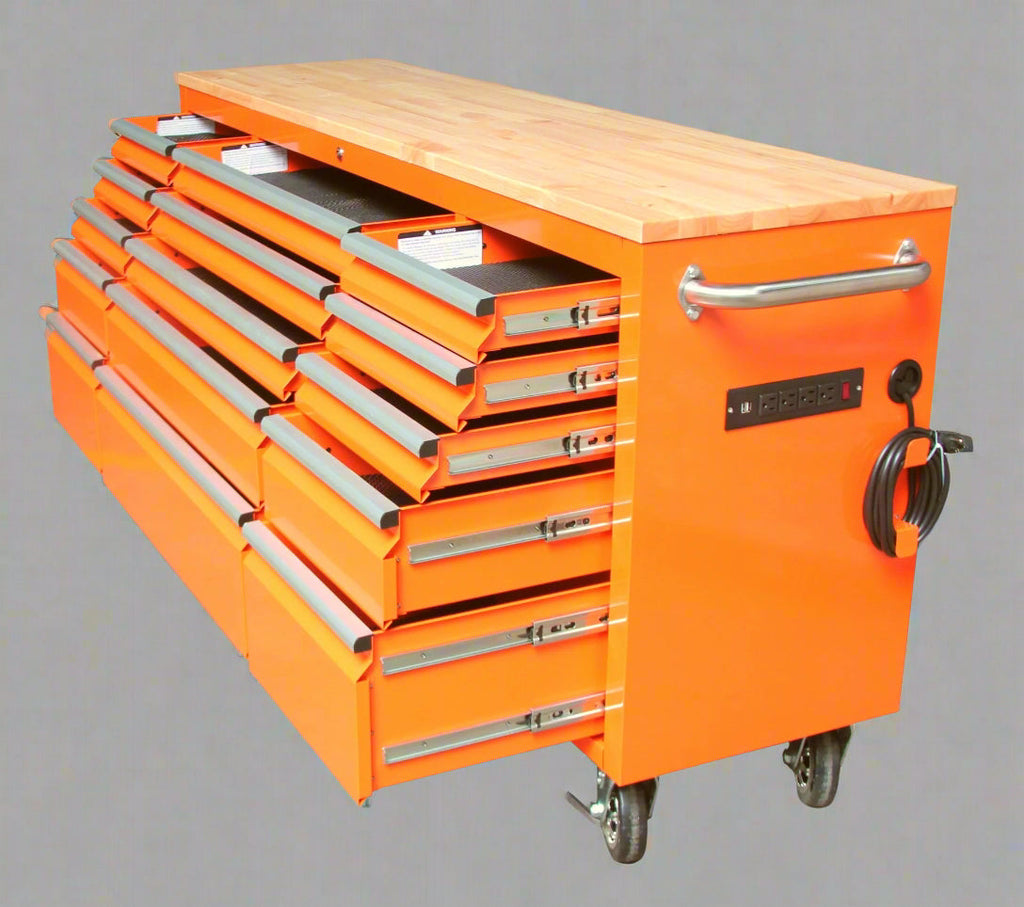 Établi roulant de 1,83 m (6 pi) avec 15 tiroirs, prises de courant et ports USB – Armoire de rangement robuste en acier