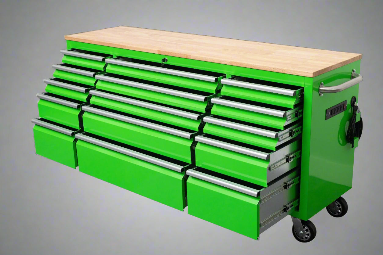 Établi roulant de 1,83 m (6 pi) avec 15 tiroirs, prises de courant et ports USB – Armoire de rangement robuste en acier