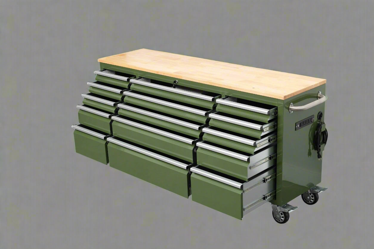 Établi roulant de 1,83 m (6 pi) avec 15 tiroirs, prises de courant et ports USB – Armoire de rangement robuste en acier