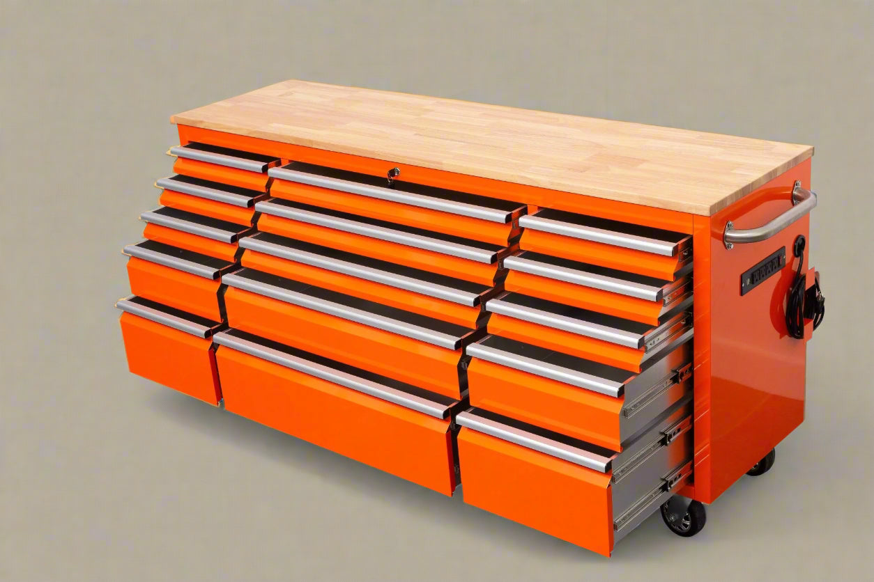 Établi roulant de 1,83 m (6 pi) avec 15 tiroirs, prises de courant et ports USB – Armoire de rangement robuste en acier