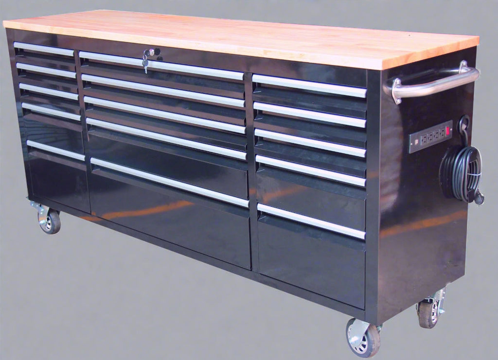 Établi roulant de 1,83 m (6 pi) avec 15 tiroirs, prises de courant et ports USB – Armoire de rangement robuste en acier