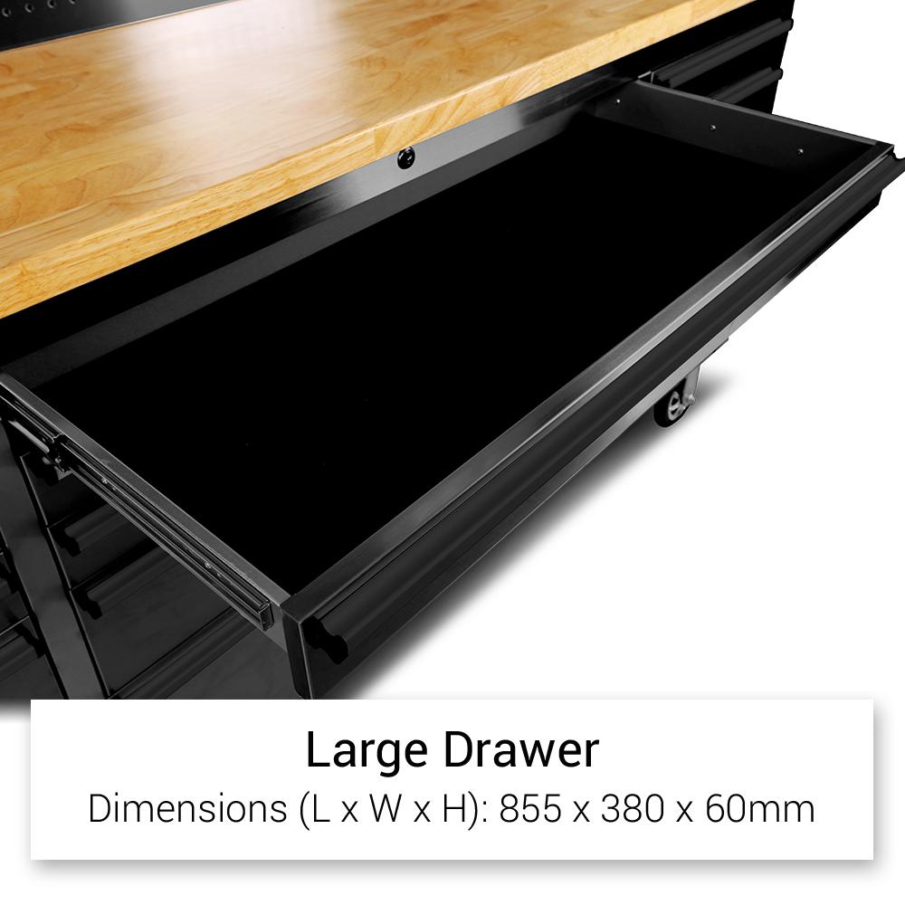 Établi à outils en acier inoxydable noir de 1,83 m (6 pi) – Poste de travail à 18 tiroirs avec panneau perforé et plateau en bois | Réf. : HTC7218PCDA