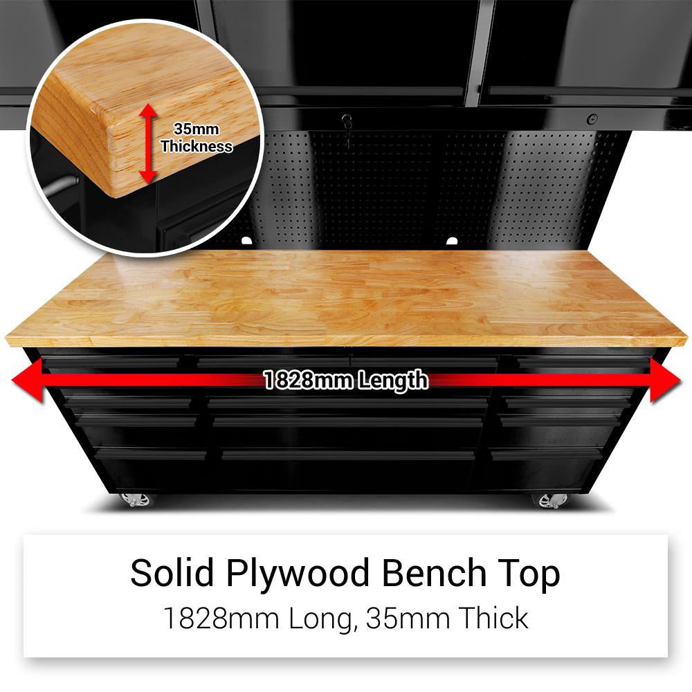 Établi à outils en acier inoxydable noir de 1,83 m (6 pi) – Poste de travail à 18 tiroirs avec panneau perforé et plateau en bois | Réf. : HTC7218PCDA