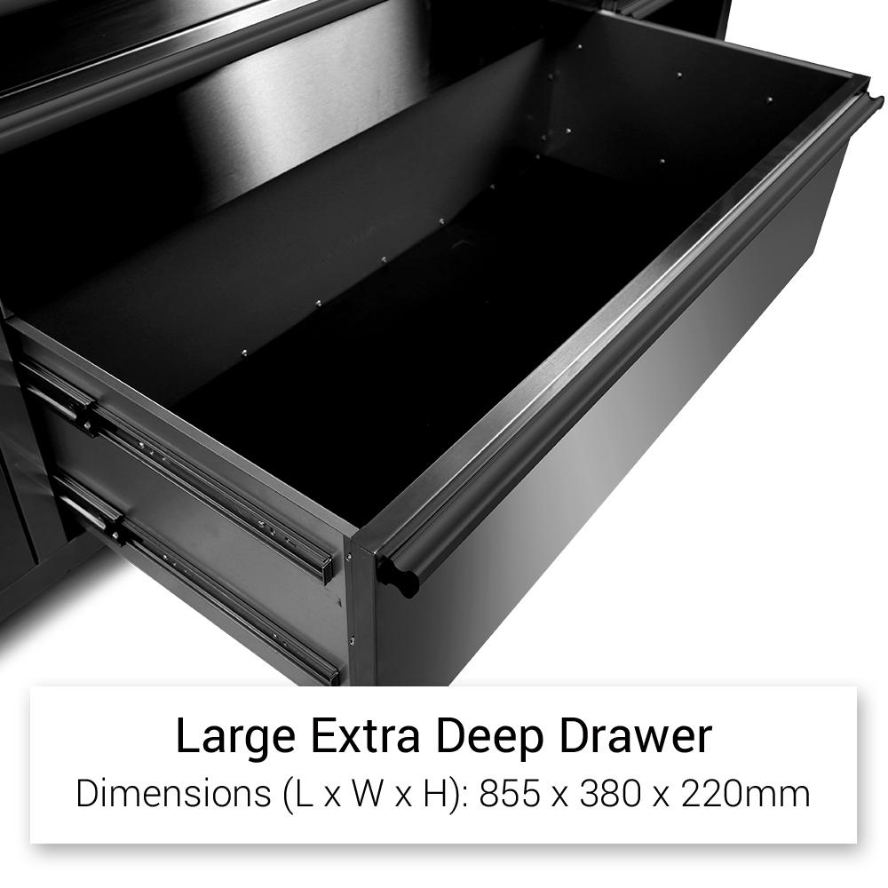 Établi à outils en acier inoxydable noir de 1,83 m (6 pi) – Poste de travail à 18 tiroirs avec panneau perforé et plateau en bois | Réf. : HTC7218PCDA