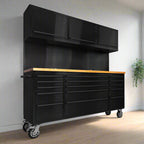 Établi à outils en acier inoxydable noir de 1,83 m (6 pi) – Poste de travail à 18 tiroirs avec panneau perforé et plateau en bois | Réf. : HTC7218PCDA