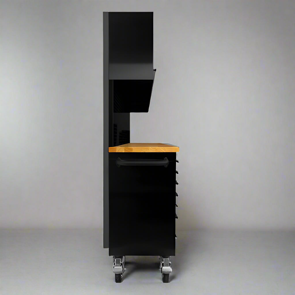 Établi à outils en acier inoxydable noir de 1,83 m (6 pi) – Poste de travail à 18 tiroirs avec panneau perforé et plateau en bois | Réf. : HTC7218PCDA