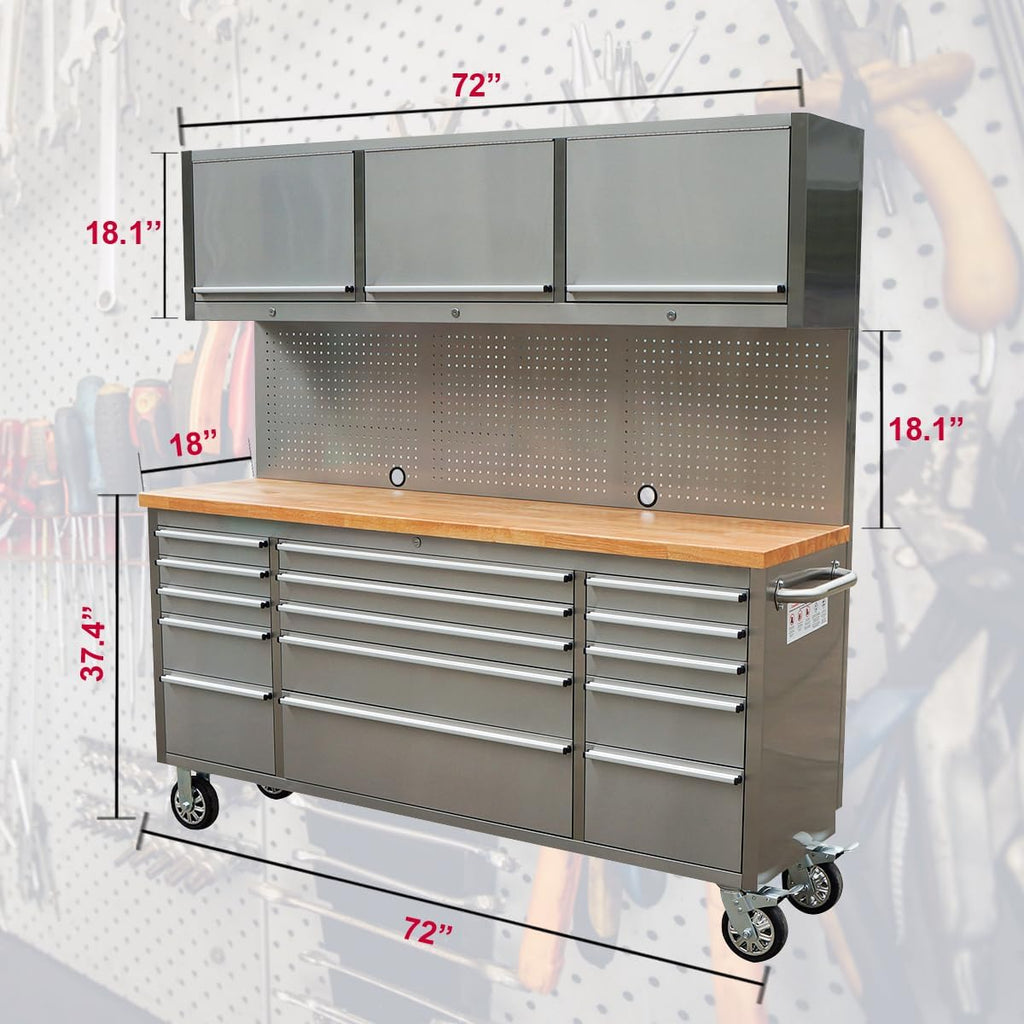 Nouvel établi à outils en acier inoxydable de 1,83 m (6 pi) – Poste de travail industriel à 18 tiroirs HTC7218W