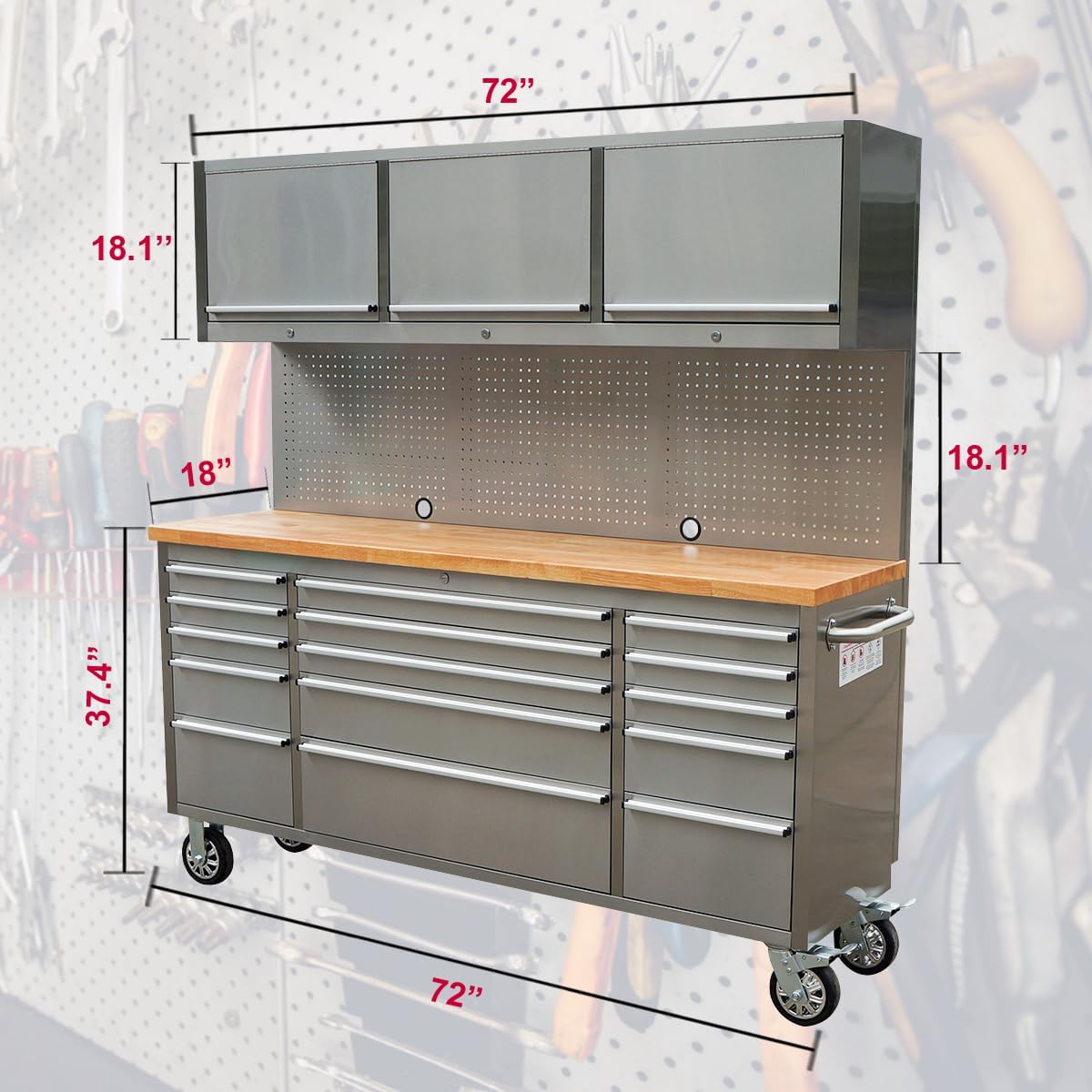 Nouvel établi à outils en acier inoxydable de 1,83 m (6 pi) – Poste de travail industriel à 18 tiroirs HTC7218W