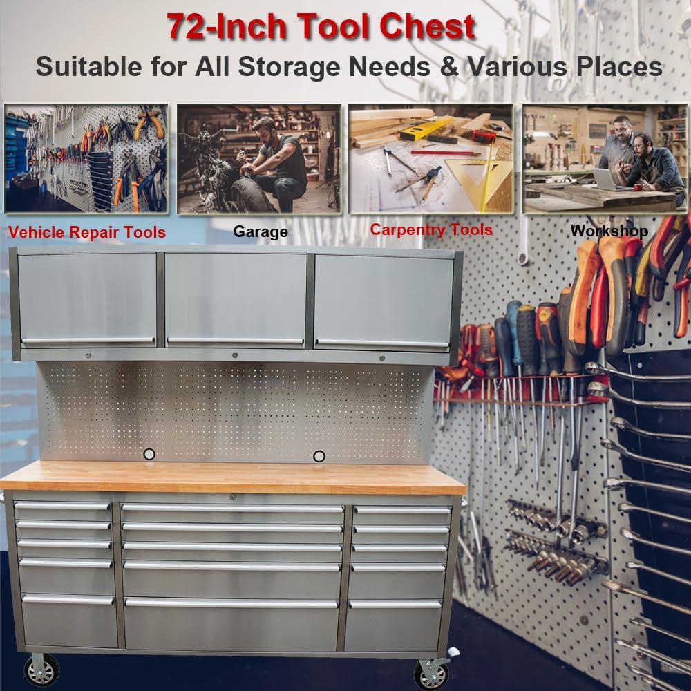 Nouvel établi à outils en acier inoxydable de 1,83 m (6 pi) – Poste de travail industriel à 18 tiroirs HTC7218W