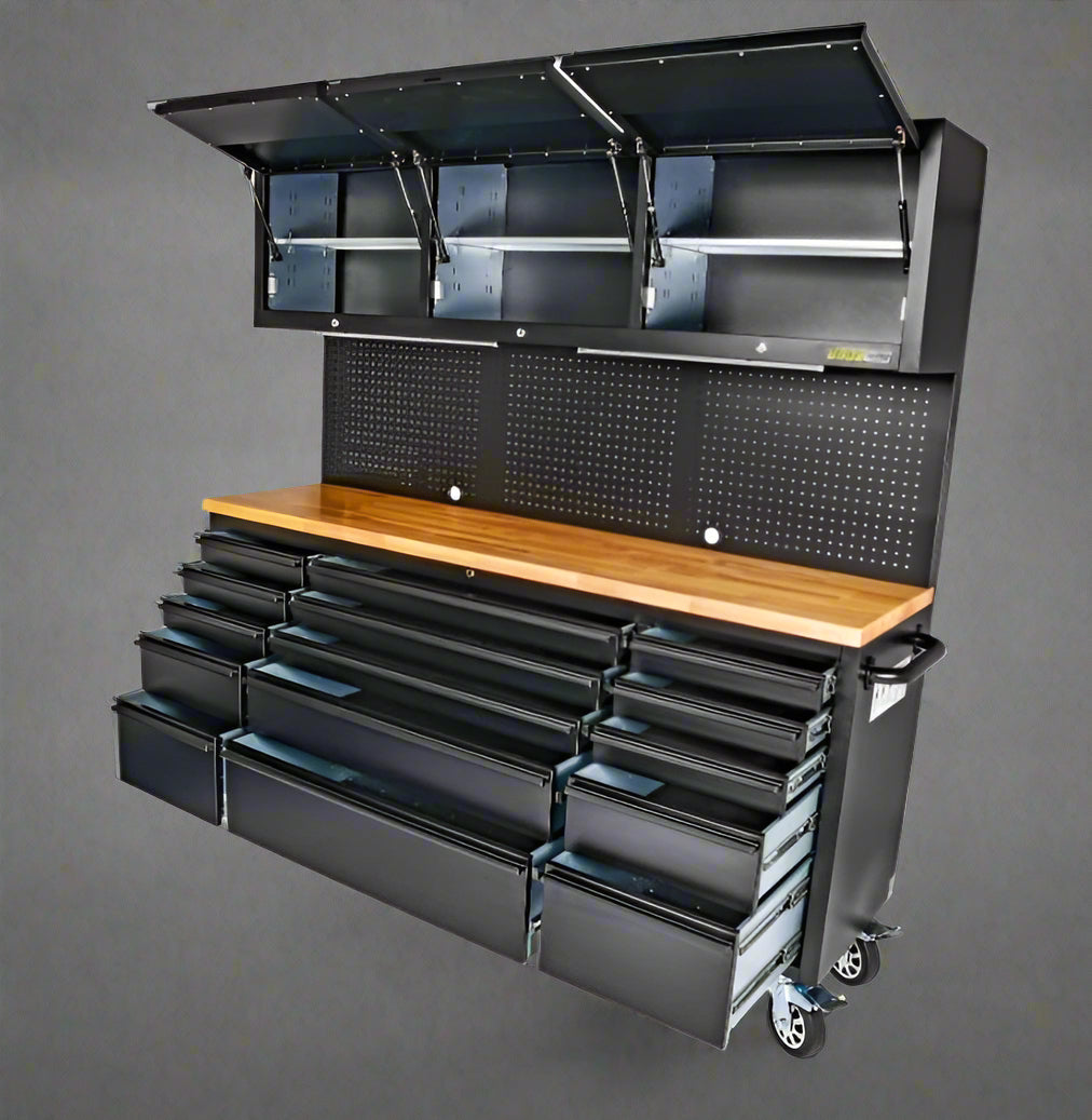 Établi roulant à 18 tiroirs de 72 pouces – Acier noir robuste avec plateau en bois | Modèle HTC7218PC 