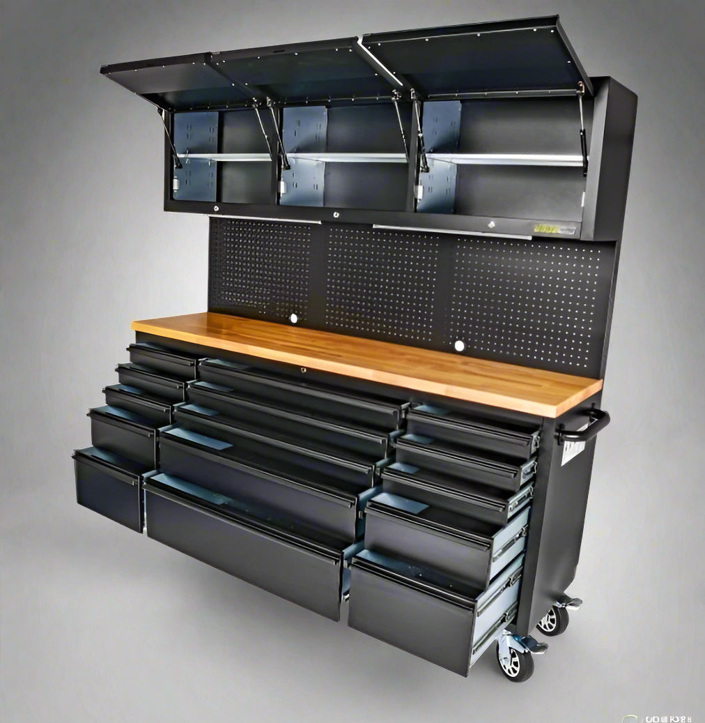 Établi roulant à 18 tiroirs de 72 pouces – Acier noir robuste avec plateau en bois | Modèle HTC7218PC 