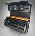 Établi roulant à 18 tiroirs de 72 pouces – Acier noir robuste avec plateau en bois | Modèle HTC7218PC 