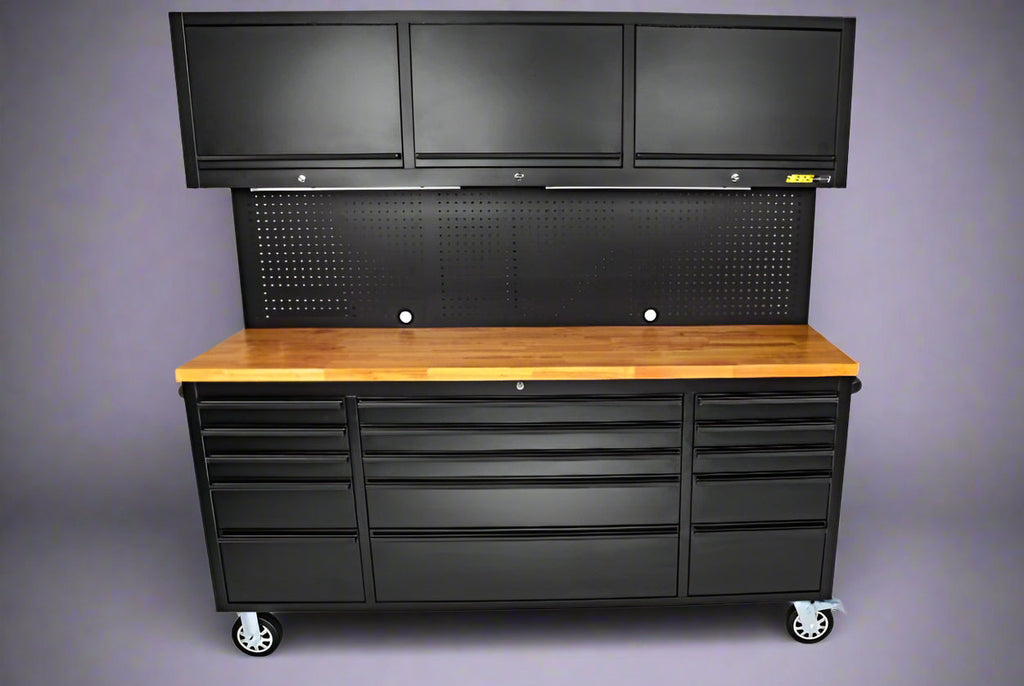 Établi roulant à 18 tiroirs de 72 pouces – Acier noir robuste avec plateau en bois | Modèle HTC7218PC 