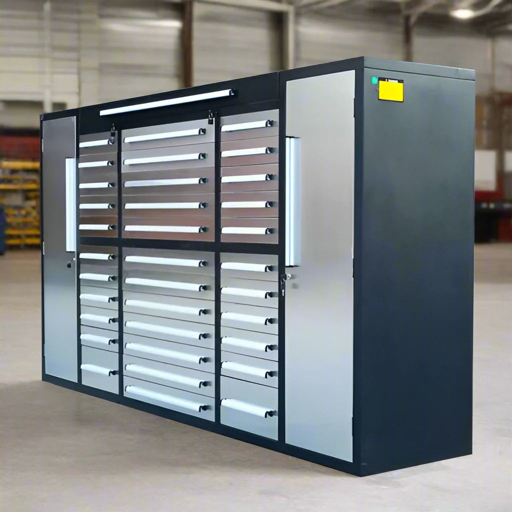 Établi en acier inoxydable de 2,74 m (9 pi) – Station de rangement d'outils robuste à 34 tiroirs | 9FT34D2L
