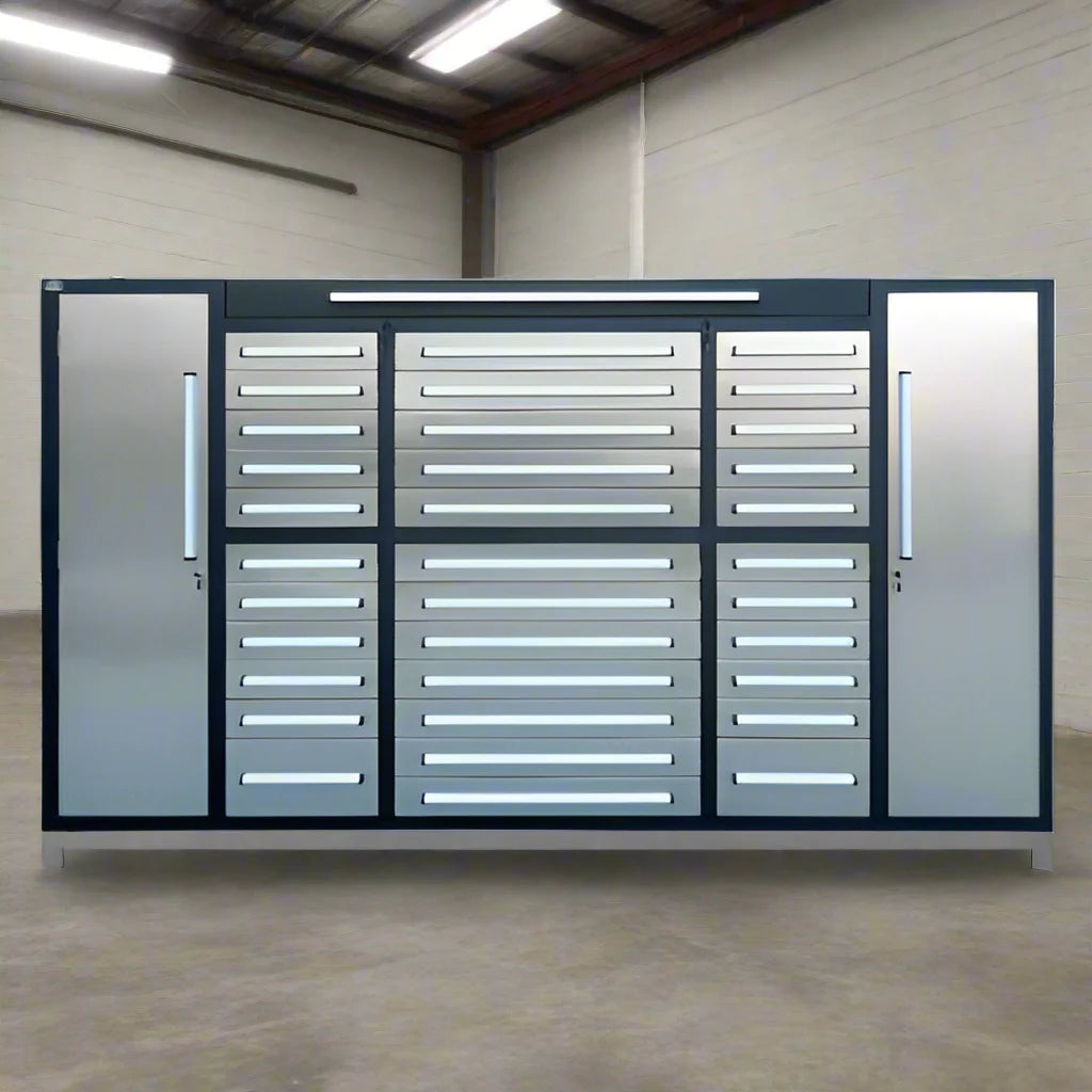 Établi en acier inoxydable de 2,74 m (9 pi) – Station de rangement d'outils robuste à 34 tiroirs | 9FT34D2L