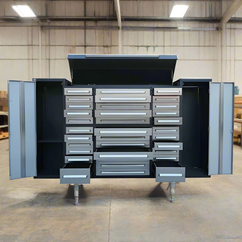 Établi en acier inoxydable de 2,74 m (9 pi) – Station de rangement d'outils robuste à 34 tiroirs | 9FT34D2L
