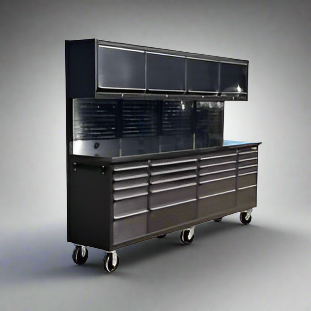 Établi et armoire à outils de luxe en acier inoxydable noir de 2,4 m (8 pi) – Poste de travail mobile, Réf. : GTX2422BSS