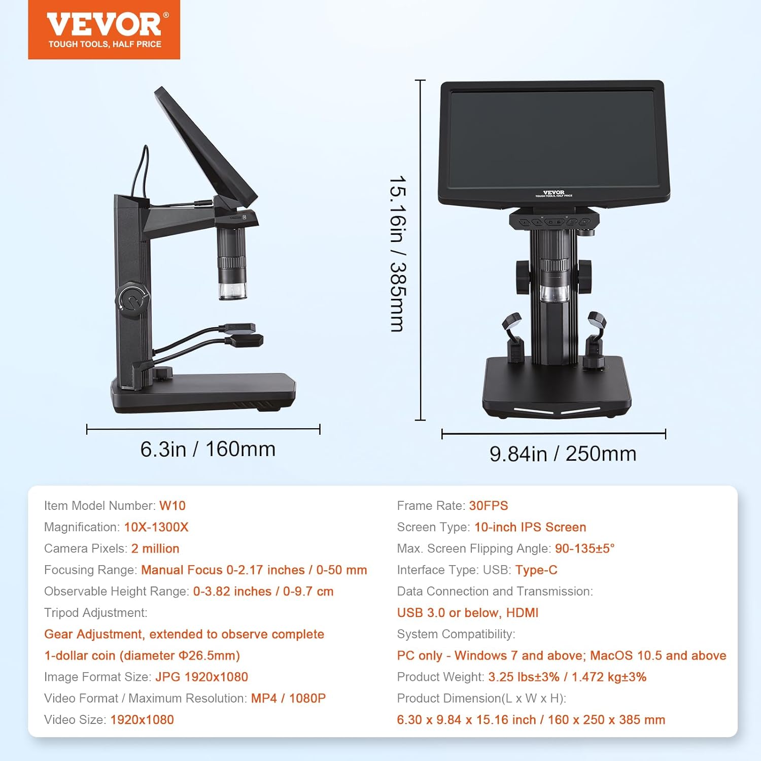 Microscope numérique avec écran IPS 10,1 pouces – Grossissement 10X–1300X, Modèle : 634410
