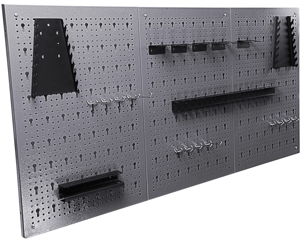 Ensemble de rangement métallique perforé pour garage – 3 panneaux avec 22 porte-outils | Réf. : 123HP03